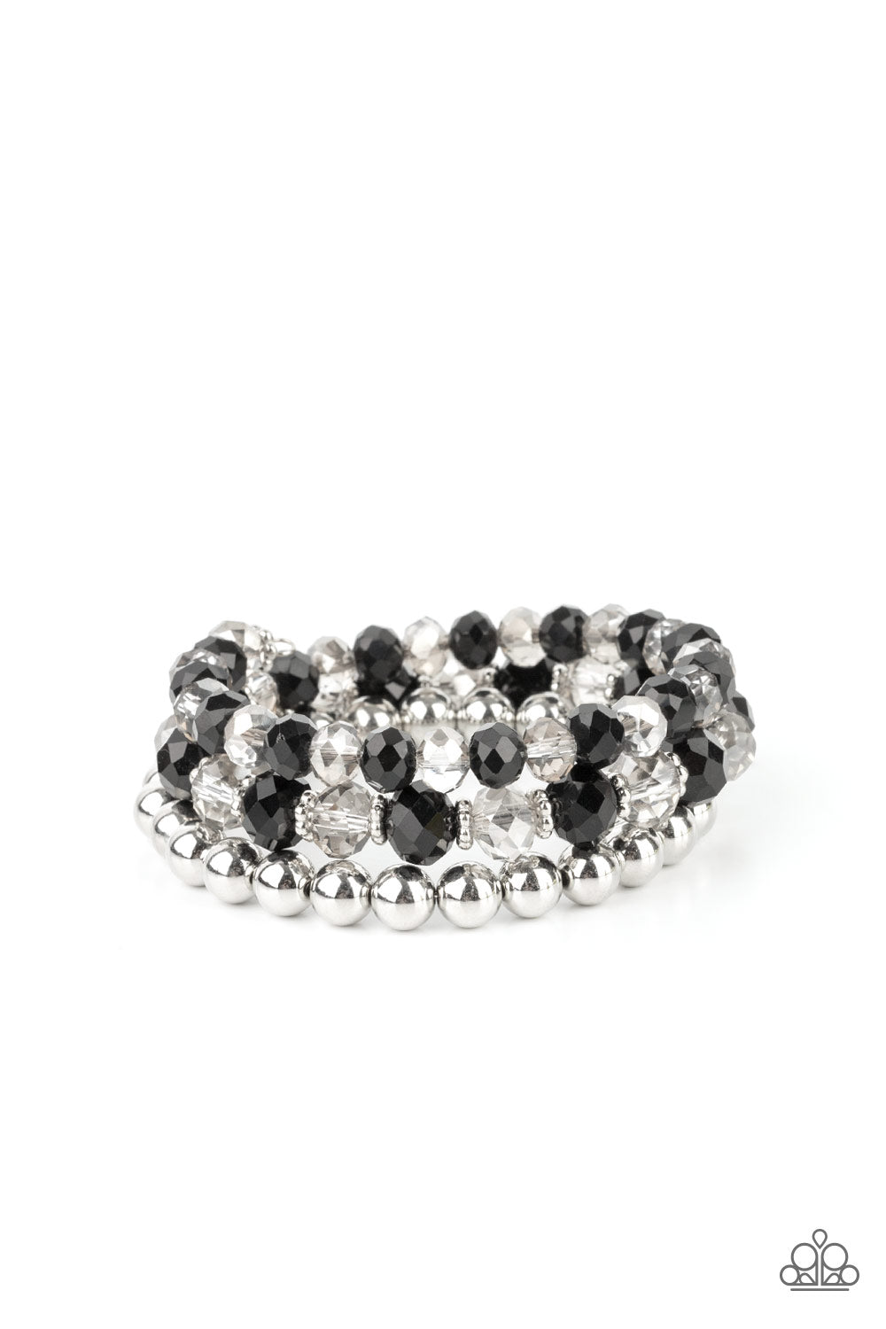 Paparazzi Accessories Gimme Gimme - Black Infinity Bracelets sections of shiny silver beads and an alternating pattern of smoky and glittery black rhinestone gems gradually increase in size along a coiled wire, creating a jaw-dropping infinity wrap bracelet around the wrist.