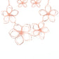 Paparazzi Accessories Flower Garden Fashionista - Copper Necklaces shiny copper wire delicately twists into oversized blossoms. Varying in size, the airy floral frames delicately link into an asymmetrical display as the layered frames elegantly pop beneath the collar. Features an adjustable clasp closure.
