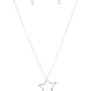 Light Up the Sky - White Star Rhinestone Necklaces - Paparazzi Accessories an infused with a dainty white rhinestone beaded accent, a striking silver star glides along a shiny silver chain below the collar, creating a stellar pendant. Features an adjustable clasp closure.  Sold as one individual necklace. Includes one pair of matching earrings.
