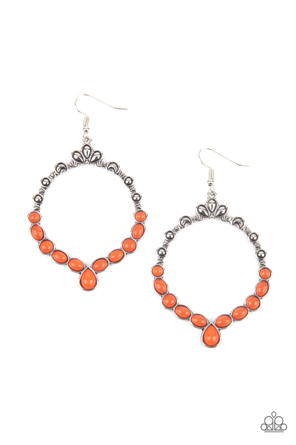 Thai Treasures - Orange Circular Earrings ornate floral motifs decorate the top half of an airy circular silver frame. A row of dewy orange oval and round beads creates a border along the lower half of the frame, culminating in a single teardrop accent for a demurely enchanting lure. Earring attaches to a standard fishhook fitting.  Sold as one pair of earrings.  Paparazzi Jewelry is lead and nickel free so it's perfect for sensitive skin too!