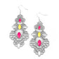 Flamboyant Frills - Multi Earrings suspended in the centers of three web-like silver frames, Raspberry Sorbet and Illuminating marquise cut beads create flashy focal points. Graduating in size from top to bottom, the airy frames connect into an irresistibly flamboyant lure. Earring attaches to a standard fishhook fitting.  Sold as one pair of earrings.  Paparazzi Jewelry is lead and nickel free so it's perfect for sensitive skin too!