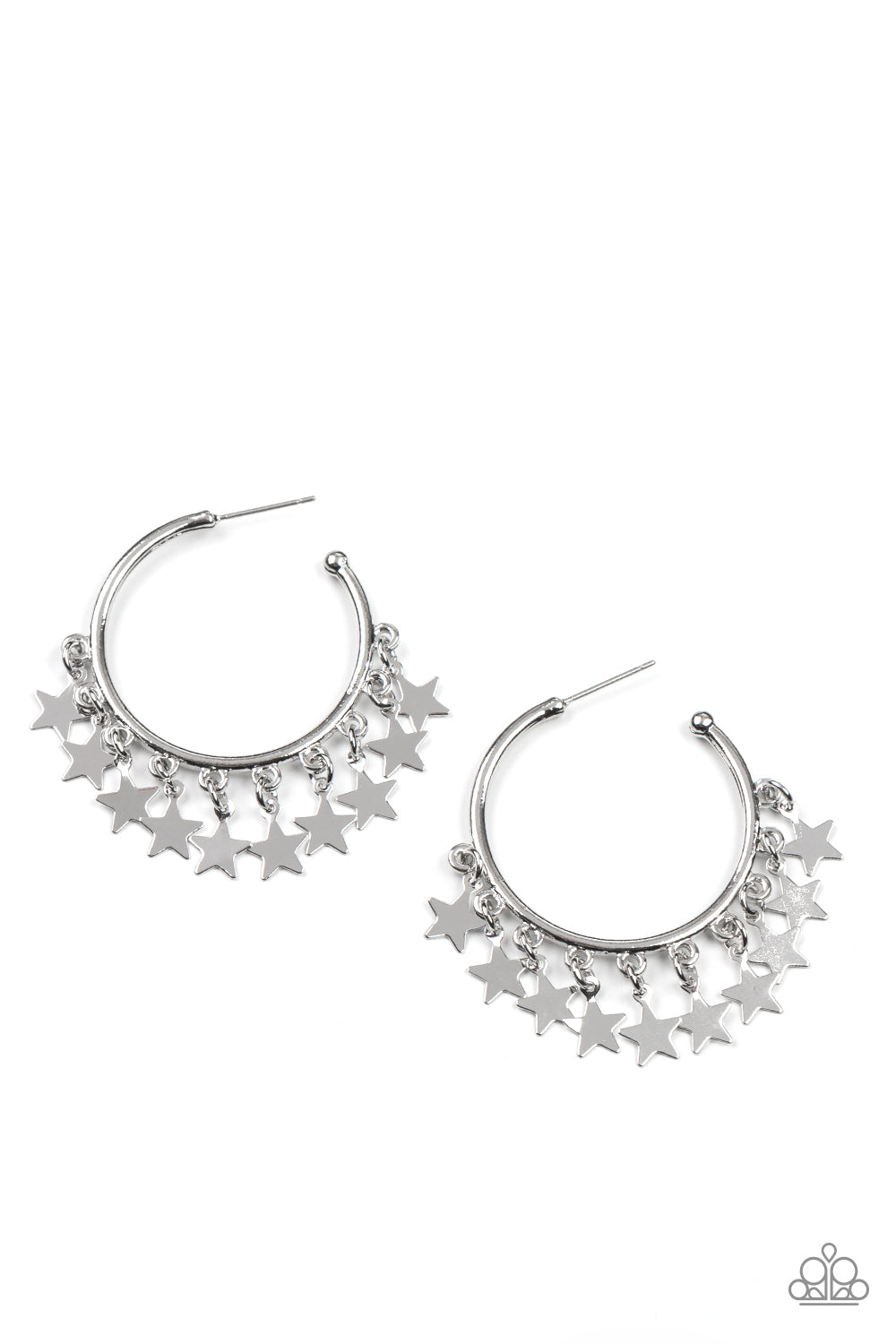 Paparazzi Happy Independence Day - Silver Star Earrings a shiny collection of silver star charms trickles from the bottom of a classic silver hoop, creating a stellar fringe. Earring attaches to a standard post fitting. Hoop measures approximately 1 1/4" in diameter.  Sold as one pair of hoop earrings.