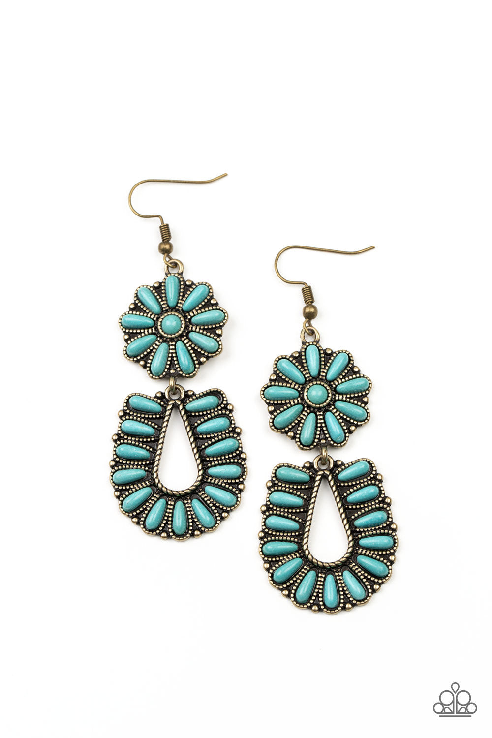Paparazzi Accessories Badlands Eden - Brass Earrings infused with studded brass fittings, two turquoise stone frames connect into a squash blossom for an authentically southwestern inspired look. Earring attaches to a standard fishhook fitting.