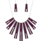 FAN-TASTICALLY Deco - Purple Flared Necklaces encased in daintily dotted silver frames, a row of flared silver bars painted in a glossy purple, fans out across the collar. A column of sparkling white rhinestones rises from the bottom of each frame, creating a dramatically deco finish as they sway from a round silver chain. Features an adjustable clasp closure.