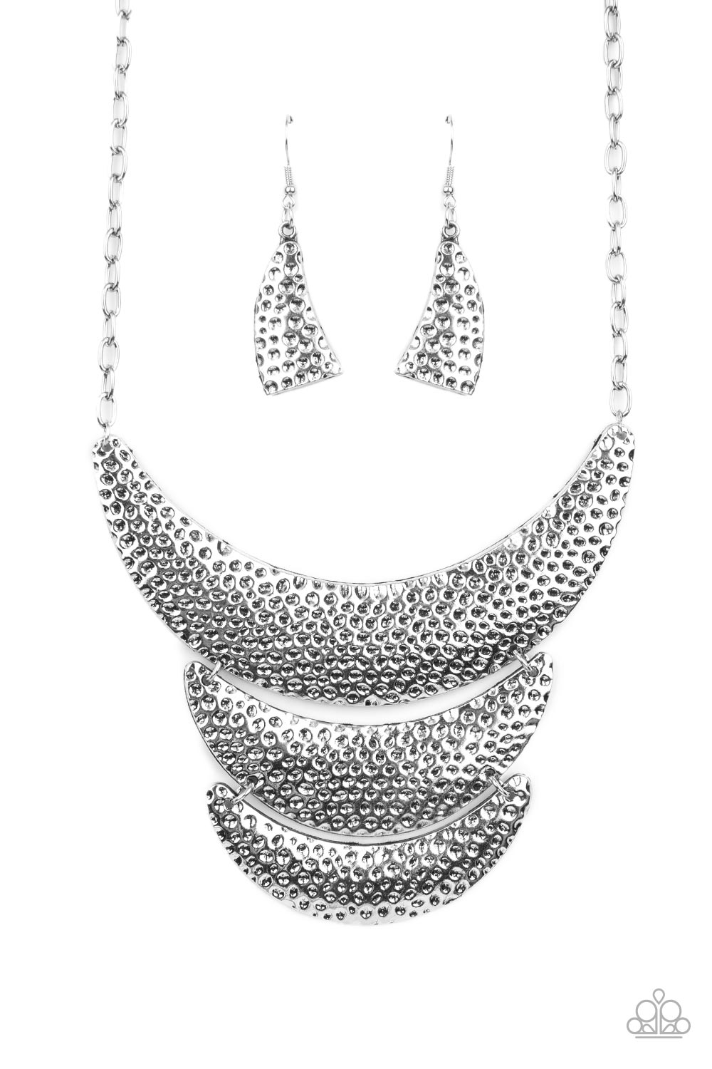 Moonwalk Magic - Silver Necklaces hammered in an antiqued silver dimpled texture, a trio of crescent shaped plates in graduating sizes stack one above the other and connect to a silver chain for a boldly modern fashion below the collar. Features an adjustable clasp closure.  Sold as one individual necklace. Includes one pair of matching earrings.  Paparazzi Jewelry is lead and nickel free so it's perfect for sensitive skin too!