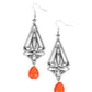 Transcendent Trendsetter - Orange Earrings a refreshing orange teardrop stone swings from the bottom of an ornate triangular frame, creating a seasonal statement. Earring attaches to a standard fishhook fitting.  Sold as one pair of earrings.  Paparazzi Jewelry is lead and nickel free so it's perfect for sensitive skin too!