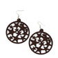 Cosmic Paradise - Brown Wood Star Earrings an oversized round brown wooden frame is filled with a cosmos of cut-out brown stars creating a whimsical statement. Earring attaches to a standard fishhook fitting.  Sold as one pair of earrings.