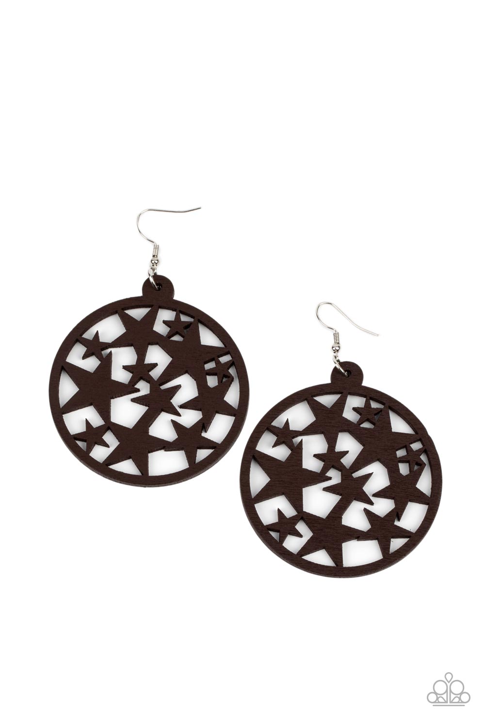 Cosmic Paradise - Brown Wood Star Earrings an oversized round brown wooden frame is filled with a cosmos of cut-out brown stars creating a whimsical statement. Earring attaches to a standard fishhook fitting.  Sold as one pair of earrings.