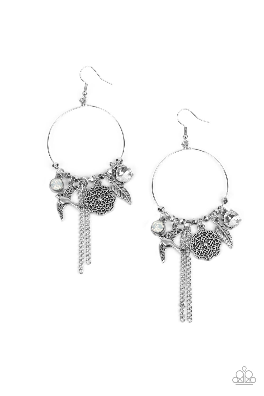 Tweet Dreams - Silver Earrings free-spirited charms, including opal and white gems, a floral medallion, a bird in flight, and a fluttering feather, dangle from a dainty silver ring coalescing into a charming lure. Earring attaches to a standard fishhook fitting.  Sold as one pair of earrings.  Paparazzi Jewelry is lead and nickel free so it's perfect for sensitive skin too!