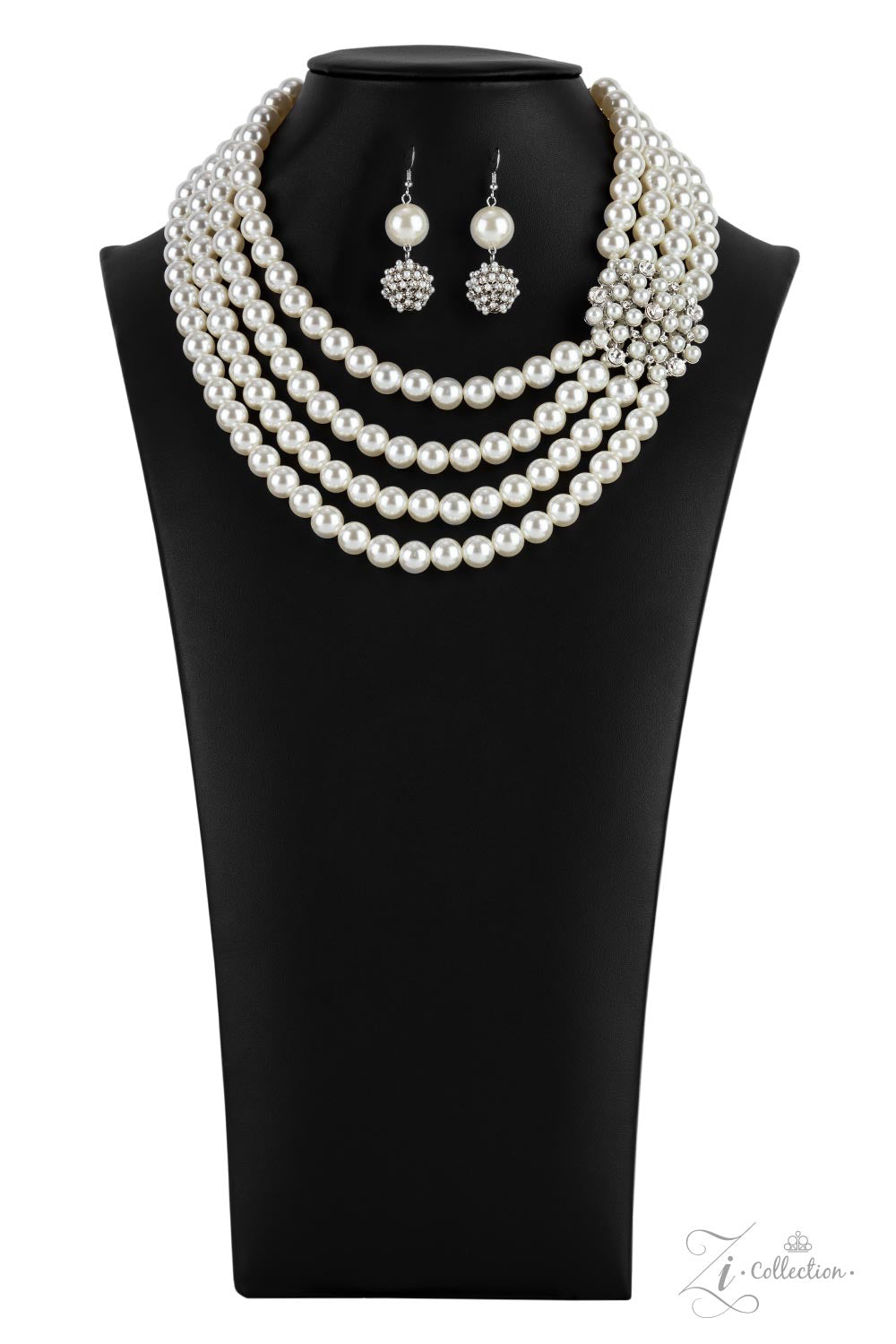 Romantic - White Pearl 2021 Zi Collection Necklaces inspired by royalty, an elegant explosion of classic white rhinestones and timeless pearls delicately coalesces into a vintage brooch. The refined ornament delicately holds together strands of oversized pearls, creating romantically regal layers below the collar. Features an adjustable clasp closure.  Sold as one individual necklace. Includes one pair of Earrings  