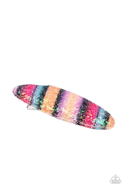 Rainbow Pop Summer Multi Hair Clip a glittering rainbow of vibrant colors creates a sparkling summertime vibe. Features a standard hair clip on the back.  Sold as one individual hair clip.  Paparazzi Jewelry is lead and nickel free so it's perfect for sensitive skin too!