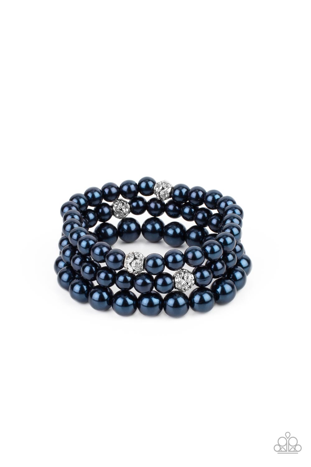Here Comes the Heiress - Blue Pearl Stretch Bracelets infused with white rhinestone encrusted silver beads, a bubbly collection of mismatched blue pearls are threaded along stretchy bands around the wrist for a vintage inspired layered look.  Sold as one set of three bracelets.