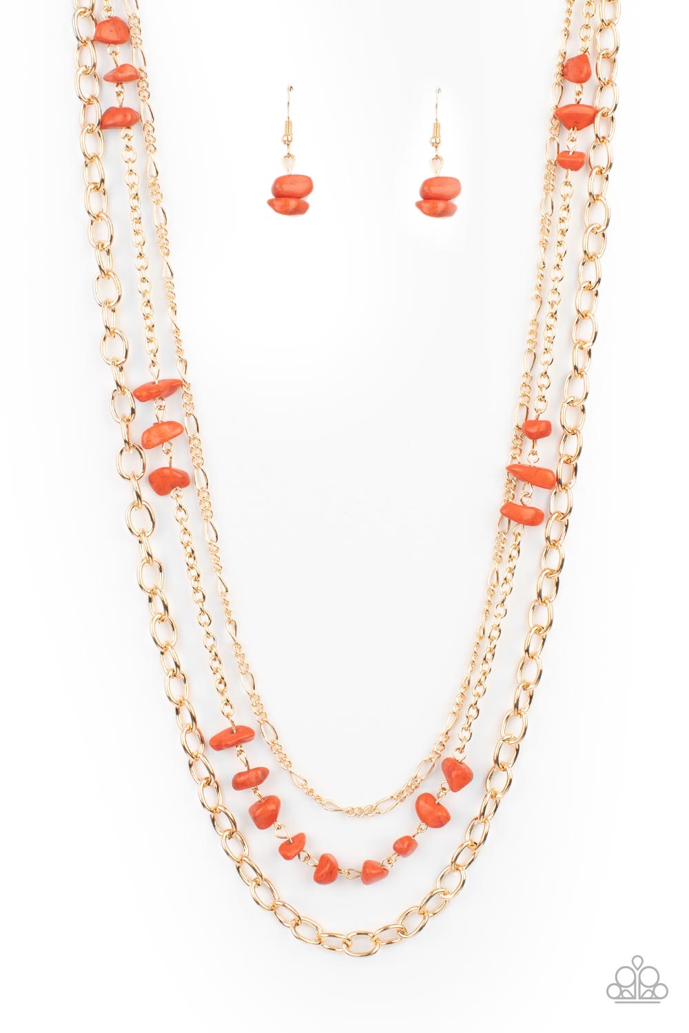 Artisinal Abundance - Orange Stone Necklaces infused with sections of refreshing orange stones, a trio of mismatched gold chains layer down the chest for a dash of earthy refinement. Features an adjustable clasp closure.  Sold as one individual necklace. Includes one pair of matching earrings.