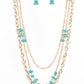 Artisanal Abundance - Gold Turquoise Layered Necklaces infused with sections of refreshing turquoise stones, a trio of mismatched gold chains layer down the chest for a dash of earthy refinement. Features an adjustable clasp closure.  Sold as one individual necklace. Includes one pair of matching earrings.