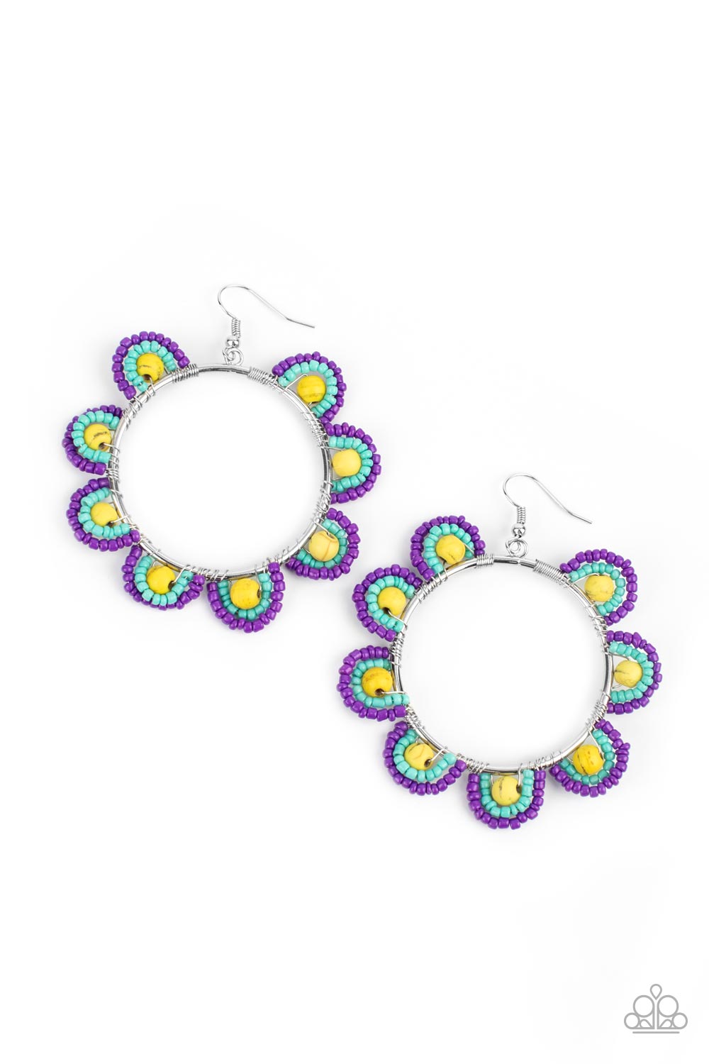 Paparazzi Groovy Gardens - Yellow Seedbead Earrings infused with sunny yellow stone bead centers, rows of purple and turquoise seed beads are threaded along dainty wires along the outside of a shiny silver hoop for a vivacious floral look. Earring attaches to a standard fishhook fitting.  Sold as one pair of earrings.
