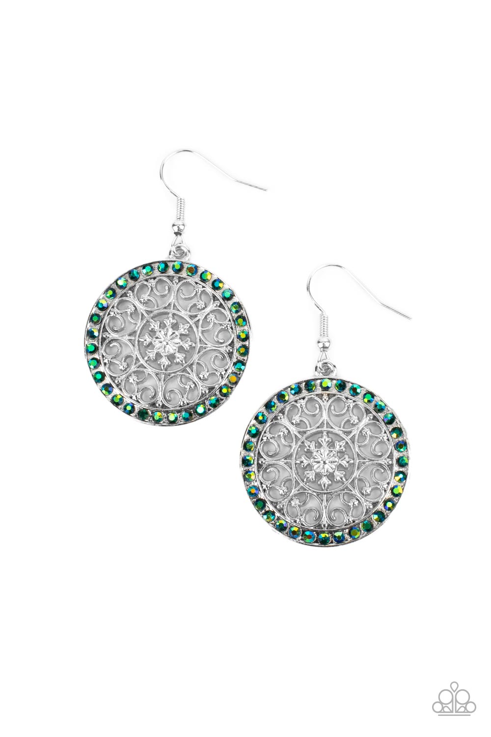 Bollywood Ballroom - Green Iridescent Earrings infused with a border of iridescent green rhinestones, studded silver heart shape filigree fans out from a decorative silver floral center for a whimsical look. Earring attaches to a standard fishhook fitting.  Sold as one pair of earrings.  Paparazzi Jewelry is lead and nickel free so it's perfect for sensitive skin too!