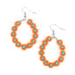 Festively Flower Child - Orange Seed Bead Earrings dotted with turquoise beaded centers, a dainty collection of orange seed beaded floral frames are threaded along a wire hoop for a fabulous floral fashion. Earring attaches to a standard fishhook fitting.  Sold as one pair of earrings.  Paparazzi Jewelry is lead and nickel free so it's perfect for sensitive skin too!
