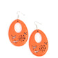Home TWEET Home - Orange Wood Earrings the bottom of a vivacious orange wooden teardrop frame features bird and floral cutouts, creating a whimsical centerpiece. Earring attaches to a standard fishhook fitting.  Sold as one pair of earrings.