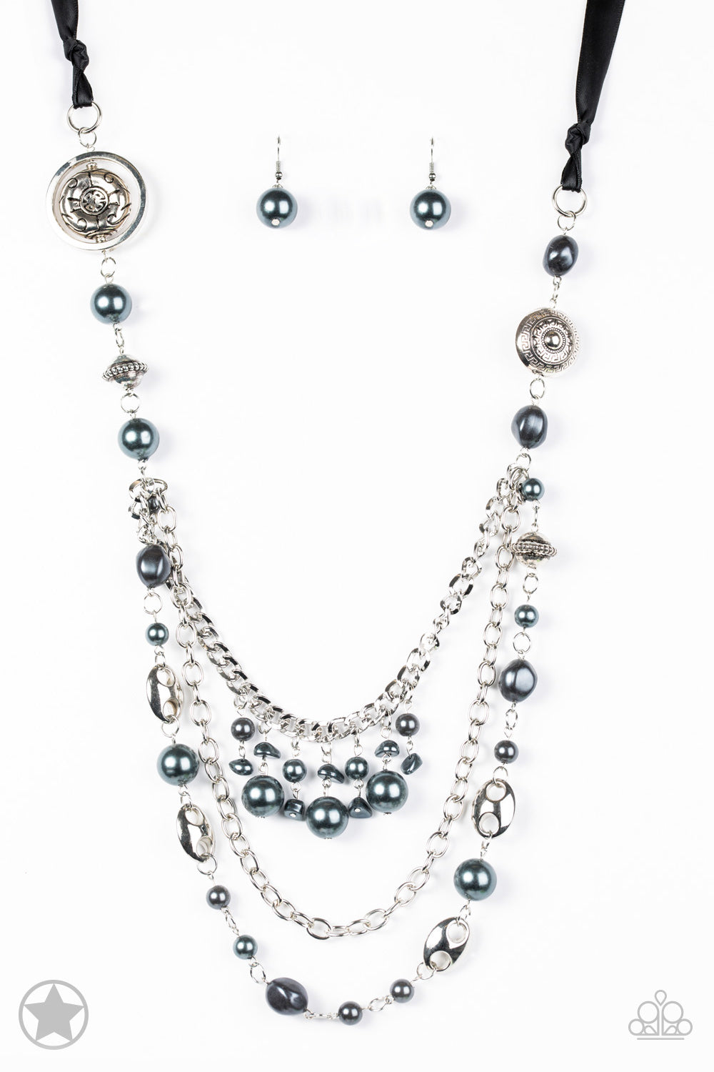 Paparazzi Accessories All the Trimmings - Black Necklaces a silky black ribbon replaces a traditional chain to create a timeless look. Pearly dark gray beads and funky silver pieces intermix with varying lengths of silver chains to give a fresh take on a Victorian-inspired piece.