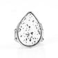 Paparazzi Stormy Sunrise - White Stone Ring a generous polished white stone infused with black flecks is encased in a simple silver teardrop frame resulting in a seasonal finish atop the finger. Features a stretchy band for a flexible fit.  Sold as one individual ring.