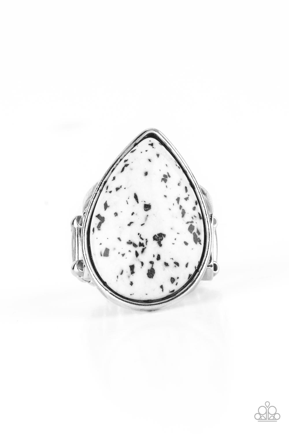 Paparazzi Stormy Sunrise - White Stone Ring a generous polished white stone infused with black flecks is encased in a simple silver teardrop frame resulting in a seasonal finish atop the finger. Features a stretchy band for a flexible fit.  Sold as one individual ring.