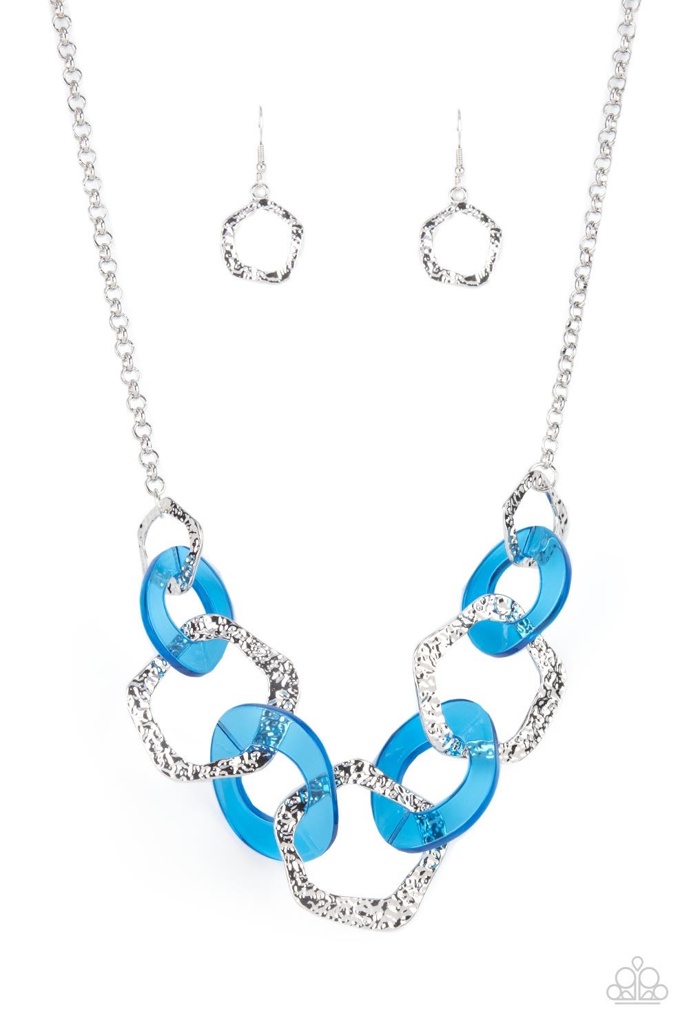 Urban Circus - Blue Acrylic Necklaces an asymmetrical assortment of neon blue acrylic rings and hammered silver hoops boldly interlock below the collar, creating an intense pop of color. Features an adjustable clasp closure.