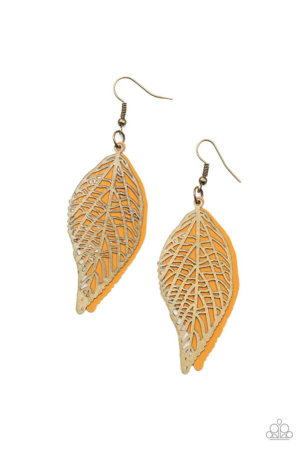 Leafy Luxury - Brass Leaf Earrings - Paparazzi Accessories an airy stenciled brass leaf frame delicately overlaps with a brown metal leaf, creating a simply seasonal lure. Earring attaches to a standard fishhook fitting.  Sold as one pair of earrings.