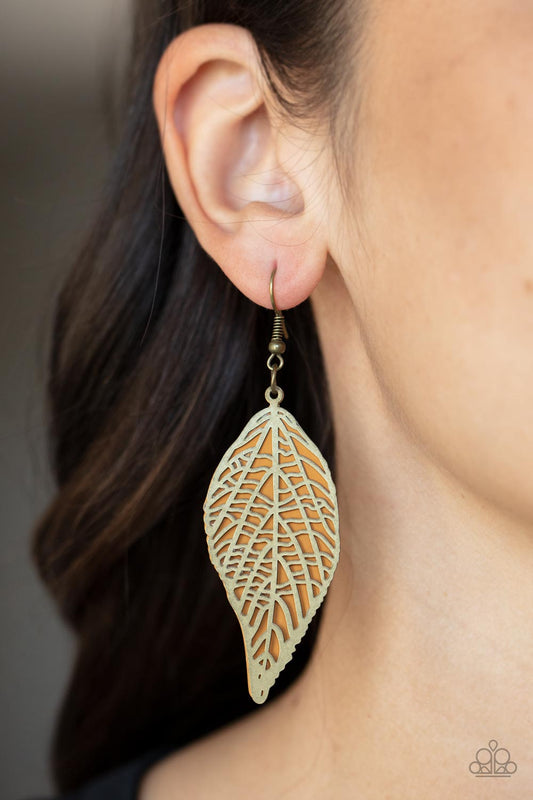 Leafy Luxury - Brass Leaf Earrings - Paparazzi Accessories an airy stenciled brass leaf frame delicately overlaps with a brown metal leaf, creating a simply seasonal lure. Earring attaches to a standard fishhook fitting.  Sold as one pair of earrings.
