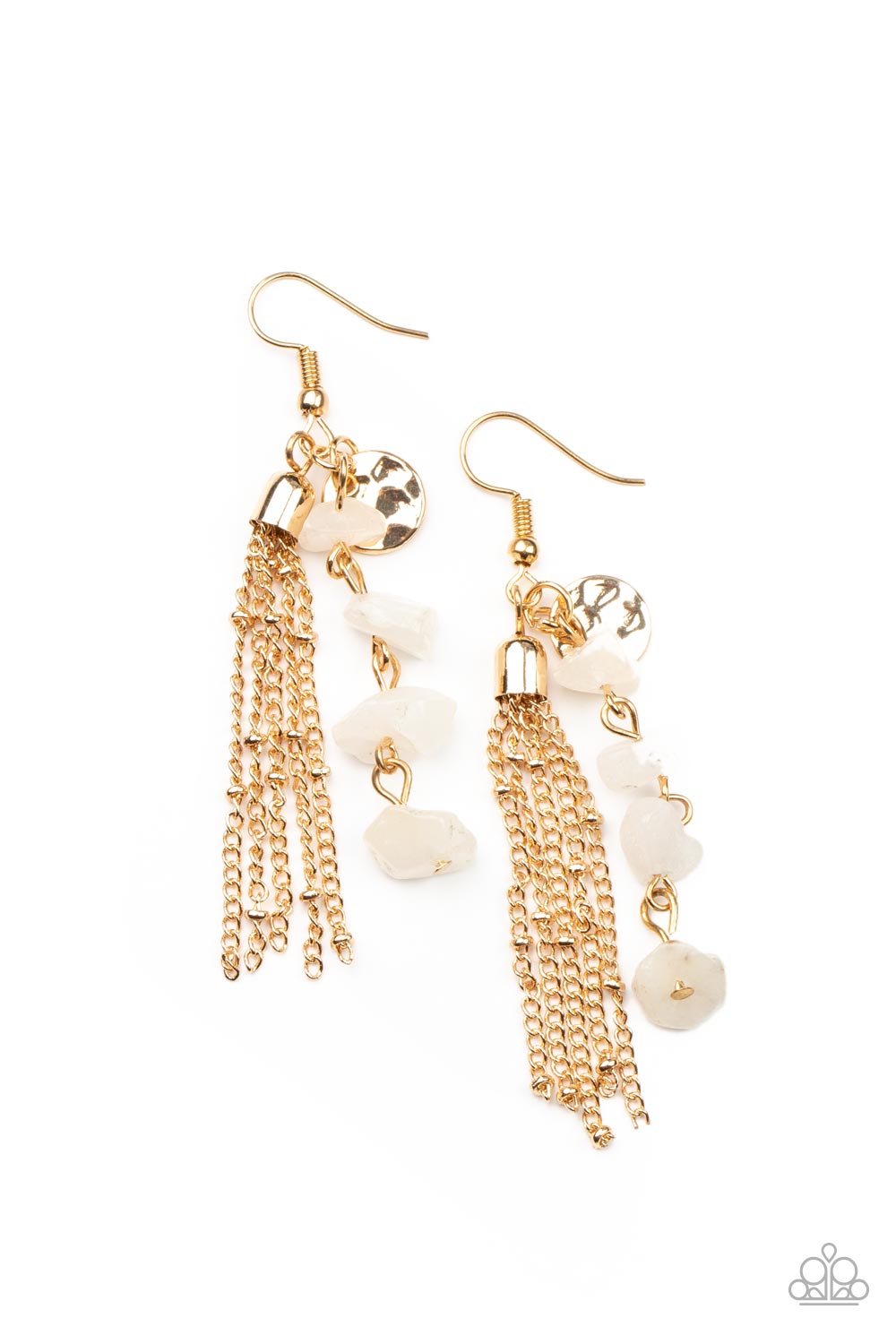 Stone Sensation - Gold Rock Bead Earrings hammered gold disc, gold chain tassel, and strand of raw cut white rock beads delicately stream from the ear, creating an earthy fringe. Earring attaches to a standard fishhook fitting.  Sold as one pair of earrings.