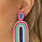 Rainbow Remedy Multi Seedbead Earrings - Paparazzi Jewelry infused with a single row of glassy white rhinestones, dainty strands of white, pink, turquoise, silver, and blue seed beads stack into a colorful rainbow at the bottom of a matching seed beaded fitting. Earring attaches to a standard post fitting.