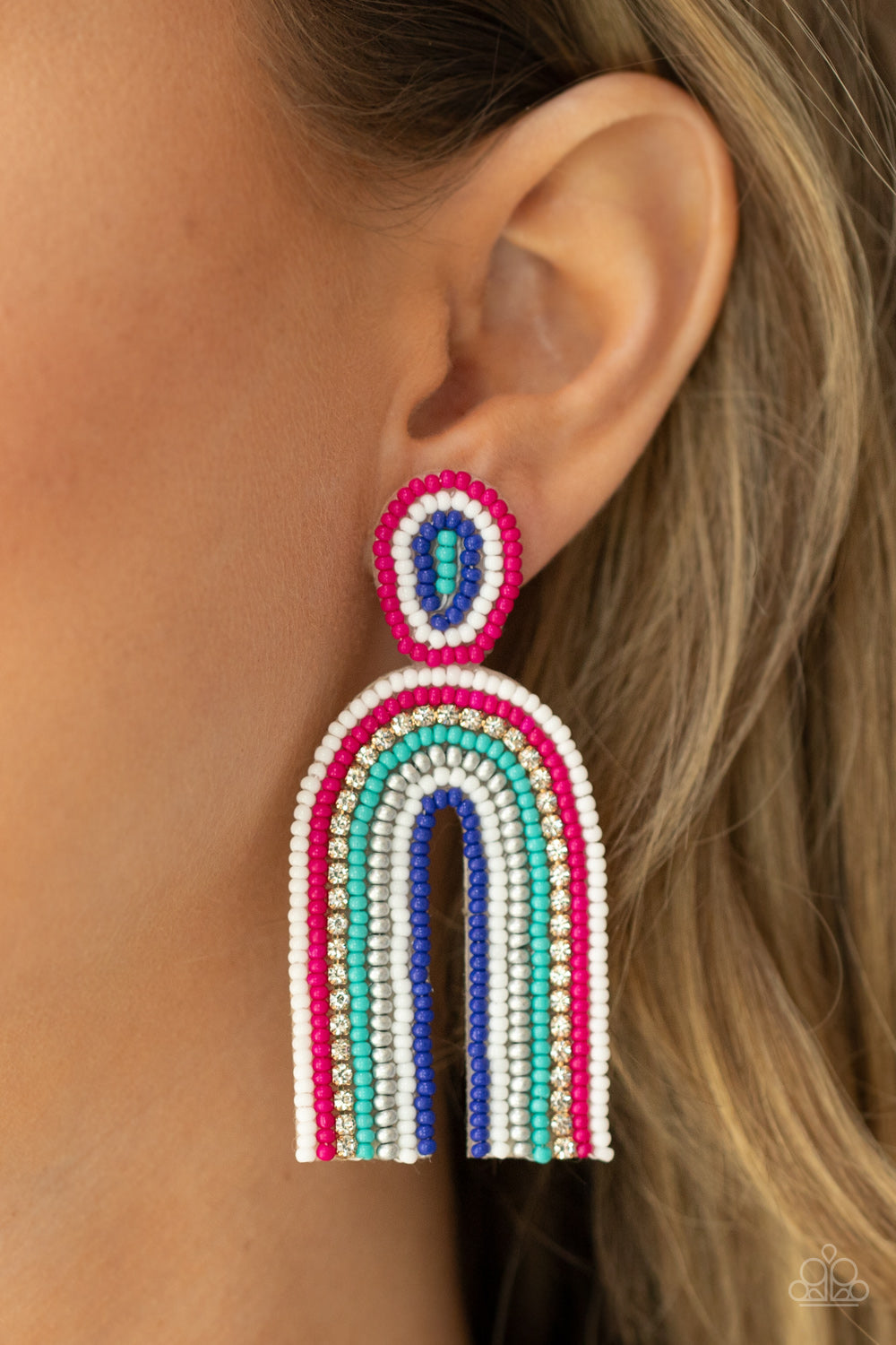 Rainbow Remedy Multi Seedbead Earrings - Paparazzi Jewelry infused with a single row of glassy white rhinestones, dainty strands of white, pink, turquoise, silver, and blue seed beads stack into a colorful rainbow at the bottom of a matching seed beaded fitting. Earring attaches to a standard post fitting.