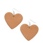 Country Crush - Brown Heart Leather Earrings a tan leather heart frame swings from the ear for a flirtatiously neutral pop of color. Earring attaches to a standard fishhook fitting.  Sold as one pair of earrings.  Paparazzi Jewelry is lead and nickel free so it's perfect for sensitive skin too!