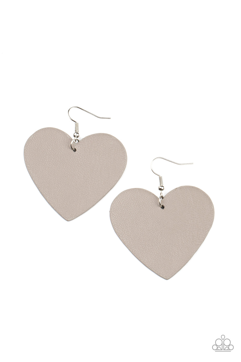 Country Crush - Silver Leather Heart Earringsban Ultimate Gray leather heart frame swings from the ear for a flirtatiously neutral pop of color. Earring attaches to a standard fishhook fitting.  Sold as one pair of earrings.  Paparazzi Jewelry is lead and nickel free so it's perfect for sensitive skin too!
