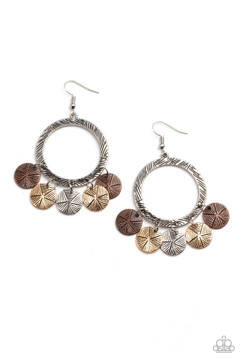 Trinket Tease - Multi Etched Earrings haphazardly etched in gritty linear textures, an antiqued silver hoop gives way to a fringe of star stamped copper, gold, and silver discs. Earring attaches to a standard fishhook fitting.  Sold as one pair of earrings.