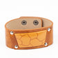 Geo Glamper - Brown Leather Bracelets featuring a faux marble finish, a brown acrylic centerpiece attaches to a tan leather frame that is studded in place along a distressed tan leather band for a colorfully rustic fashion. Features an adjustable snap closure.  Sold as one individual bracelet.