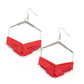 Suede Solstice - Red Hexagonal Earrings strands of Fire Whirl suede decoratively weaves around the bottom of a hexagonal silver frame, creating a colorfully rustic centerpiece. Earring attaches to a standard fishhook fitting.  Sold as one pair of earrings.
