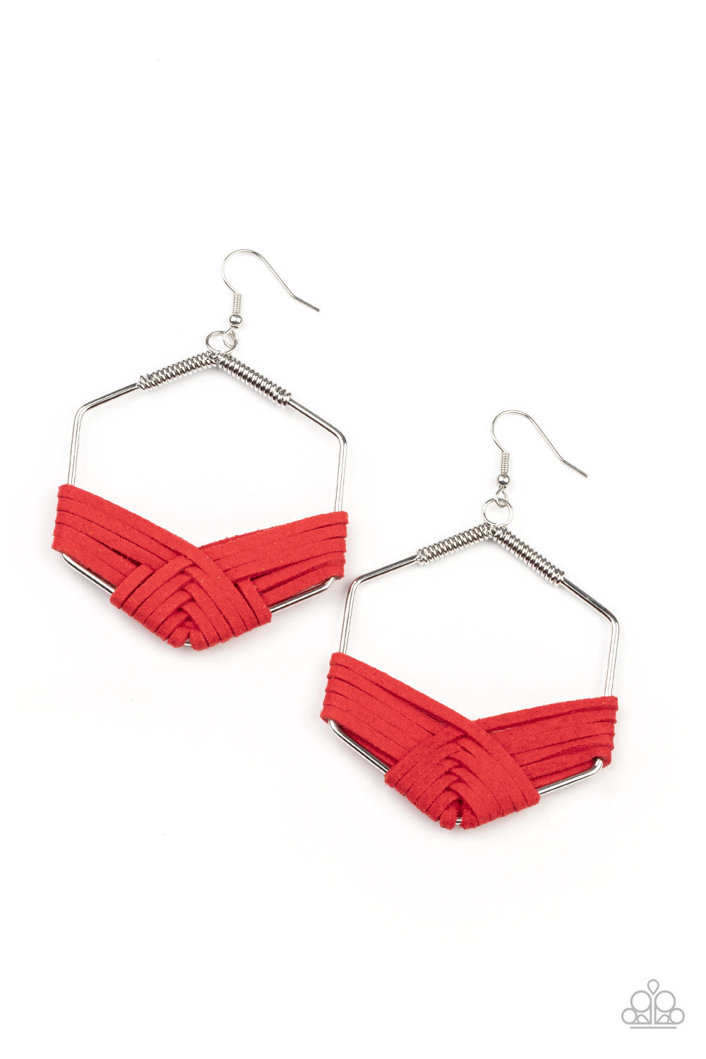 Suede Solstice - Red Hexagonal Earrings strands of Fire Whirl suede decoratively weaves around the bottom of a hexagonal silver frame, creating a colorfully rustic centerpiece. Earring attaches to a standard fishhook fitting.  Sold as one pair of earrings.