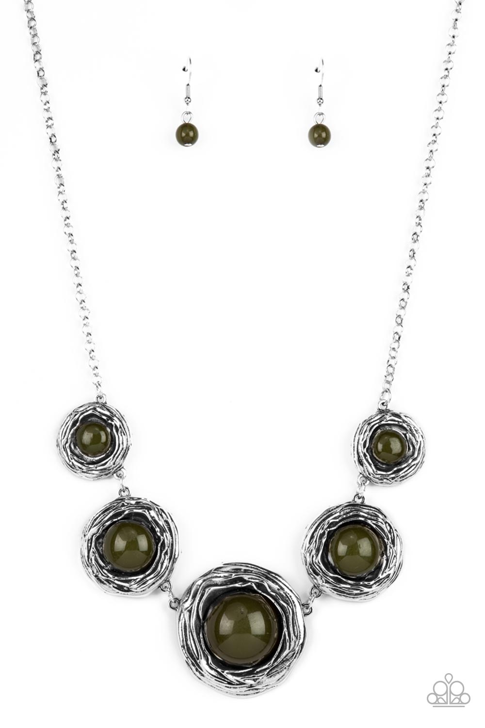 The Next NEST Thing - Green Stone Necklaces gradually increasing in size, a bubbly collection of oversized Olive Branch beads adorn the centers of folds of silver buds below the collar for a seasonal fashion. Features an adjustable clasp closure. Sold as one individual necklace. Includes one pair of matching earrings.