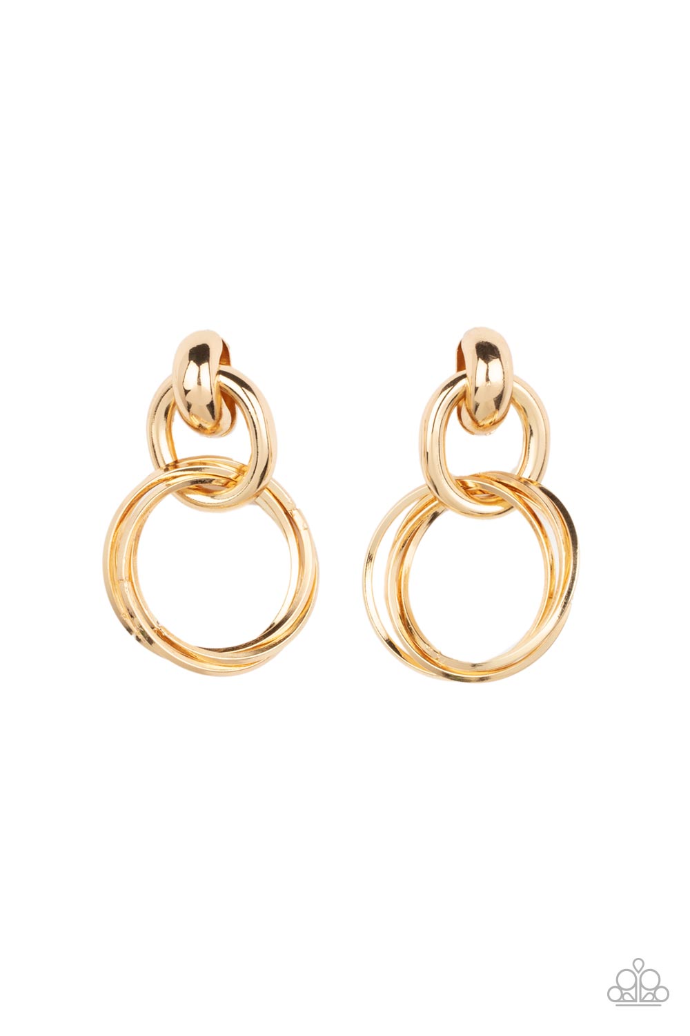 Dynamically Linked - Gold Twist Earrings glistening gold hoops are threaded through a bold gold fitting, adding a timeless twist to the dynamic display. Earring attaches to a standard post fitting.  Sold as one pair of post earrings.