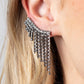 Paparazzi Accessories - Thunderstruck Sparkle - Black Ear Crawlers Earrings a tapered fringe of dainty gunmetal chains and glittery strands of white rhinestones cascades from the edge of a curving white rhinestone encrusted frame, creating an edgy centerpiece. Features a clip-on fitting at the top for a secure fit.  Sold as one pair of ear crawlers.