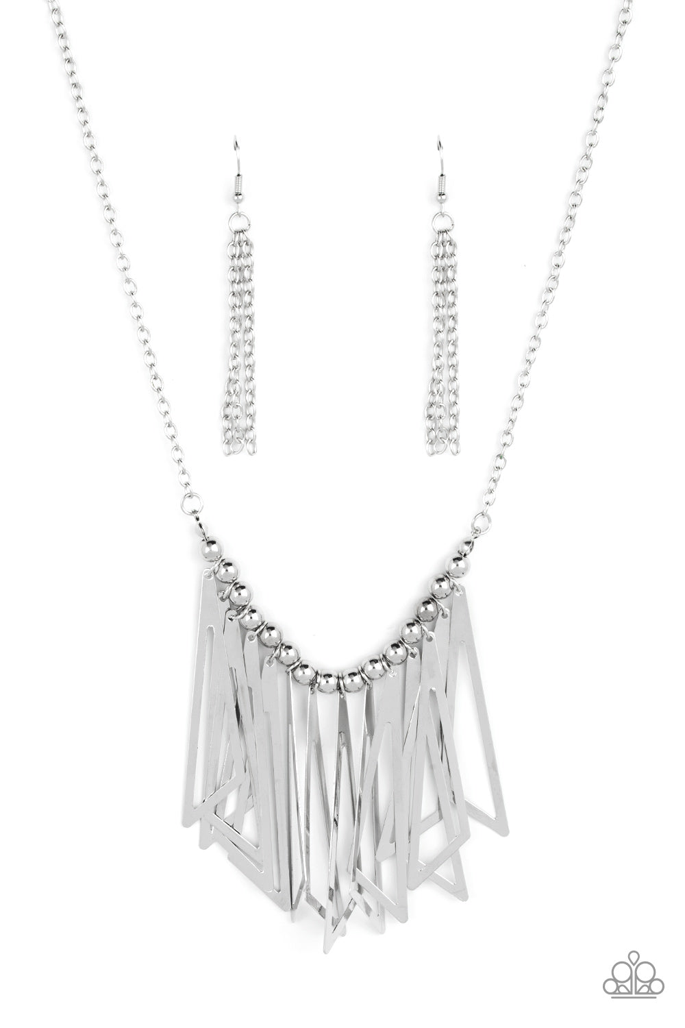 Industrial Jungle - Silver Triangular Frame Necklaces - Paparazzi Accessories flared silver triangular frames swing from a silver beaded chain below the collar, creating an intense industrial-inspired fringe at the bottom of a classic silver chain. Features an adjustable clasp closure.  Sold as one individual necklace. Includes one pair of matching earrings.