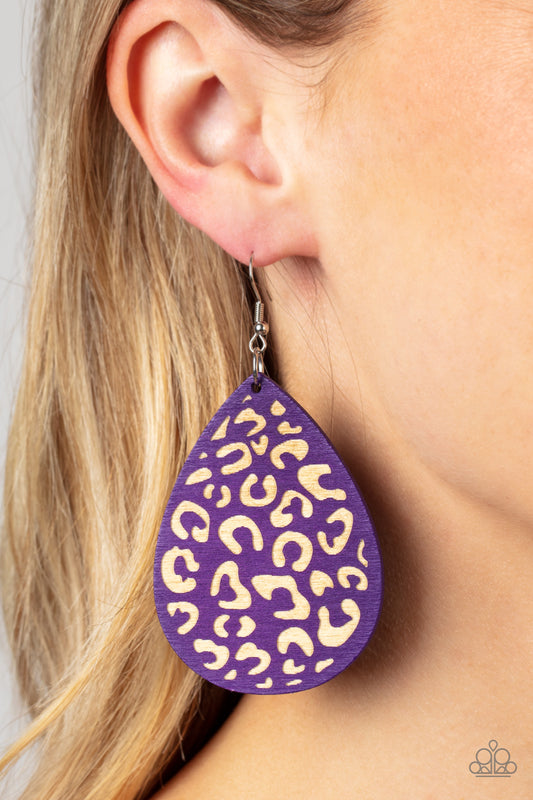 Paparazzi Accessories - Suburban Jungle - Purple Wooden Earrings a purple wooden teardrop frame is etched in a cheetah-like pattern, creating a wildly fabulous fashion. Earring attaches to a standard fishhook fitting.  Sold as one pair of earrings.