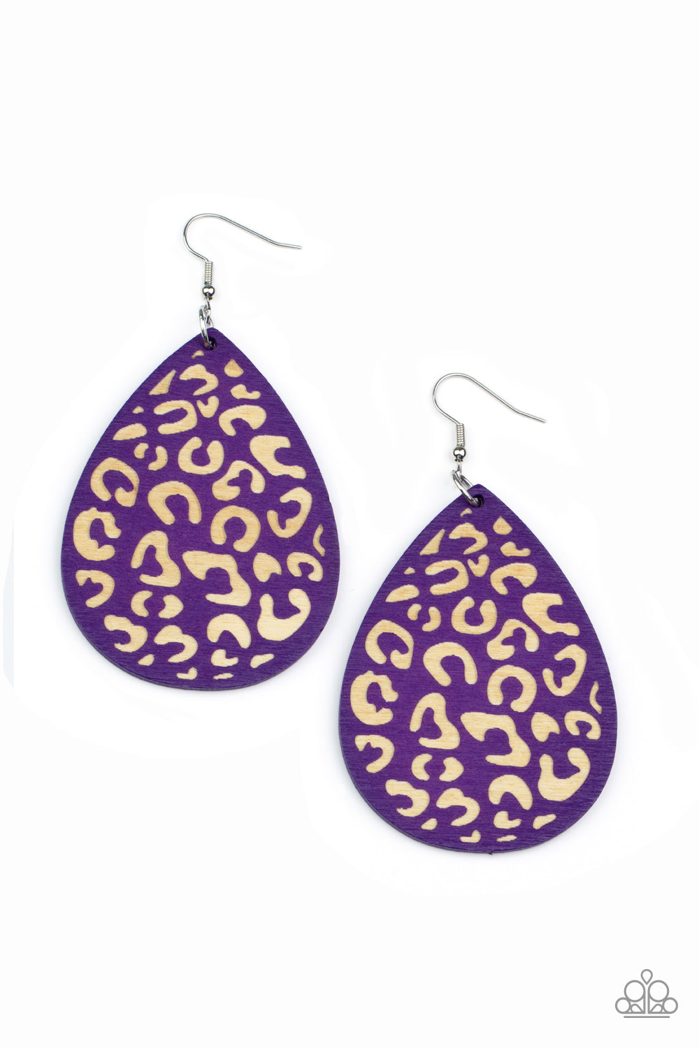 Paparazzi Accessories - Suburban Jungle - Purple Wooden Earrings a purple wooden teardrop frame is etched in a cheetah-like pattern, creating a wildly fabulous fashion. Earring attaches to a standard fishhook fitting.  Sold as one pair of earrings.