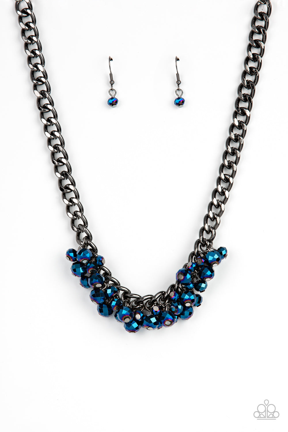 Galactic Knockout - Blue Beaded Necklaces faceted collection of metallic flecked blue beads cluster along the center of a chunky gunmetal curb chain, creating a stellar fringe below the collar. Features an adjustable clasp closure.  Sold as one individual necklace. Includes one pair of matching earrings.