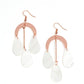 Paparazzi Accessories Atlantis Ambience - Copper Earrings white shell-like teardrops trickle from the bottom of a shiny copper rod and shiny copper half moon frame, creating an ocean inspired chandelier. Earring attaches to a standard fishhook fitting.  Sold as one pair of earrings.