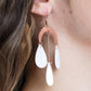 Paparazzi Accessories Atlantis Ambience - Copper Earrings white shell-like teardrops trickle from the bottom of a shiny copper rod and shiny copper half moon frame, creating an ocean inspired chandelier. Earring attaches to a standard fishhook fitting.  Sold as one pair of earrings.