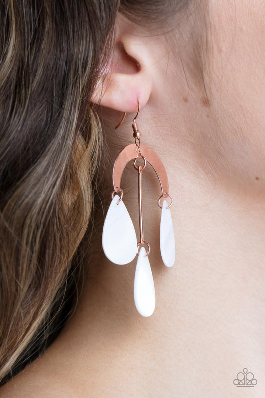 Paparazzi Accessories Atlantis Ambience - Copper Earrings white shell-like teardrops trickle from the bottom of a shiny copper rod and shiny copper half moon frame, creating an ocean inspired chandelier. Earring attaches to a standard fishhook fitting.  Sold as one pair of earrings.