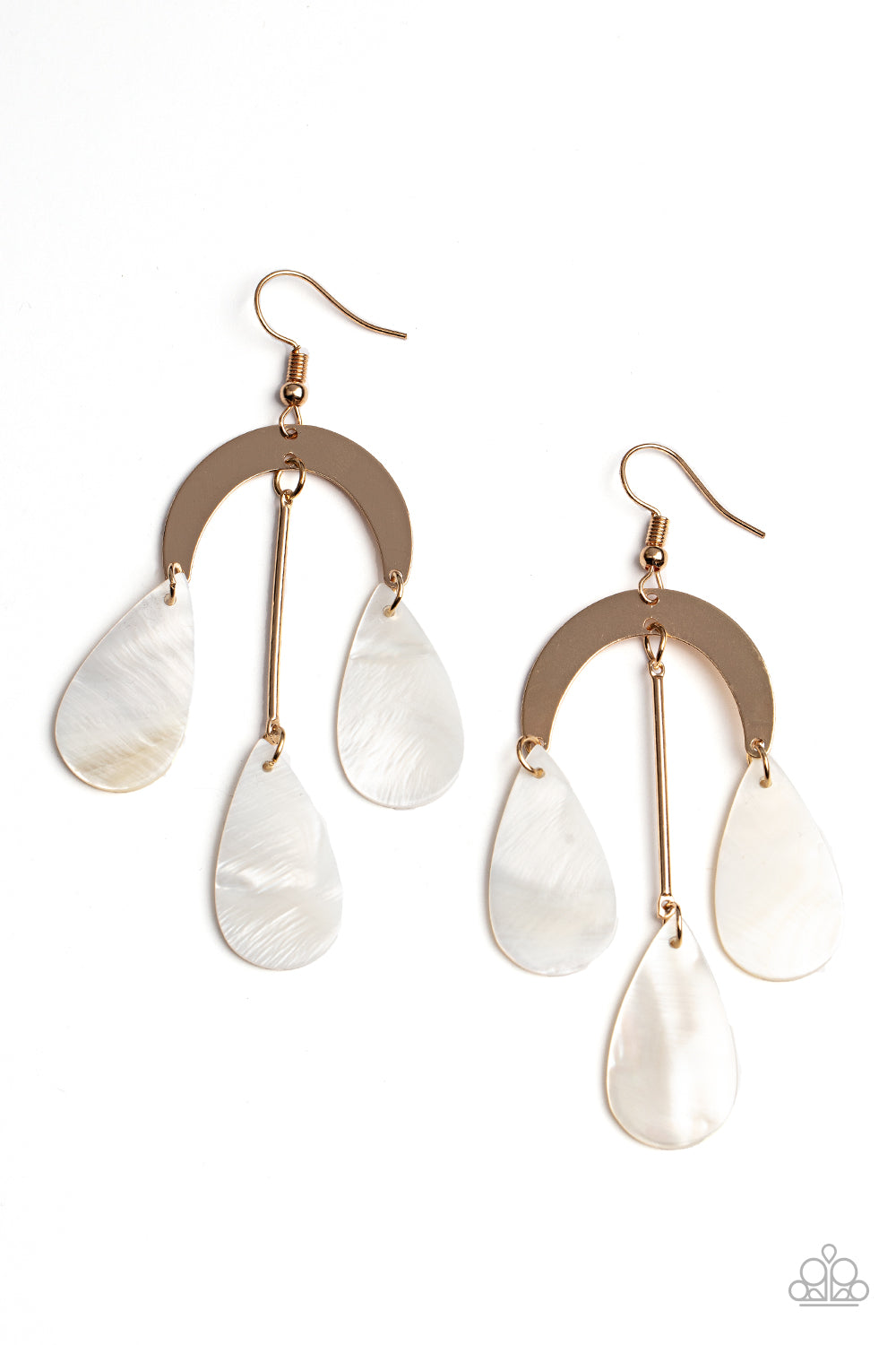 Paparazzi Atlantis Ambience - Gold Earrings qhite shell-like teardrops trickle from the bottom of a gold rod and gold half moon frame, creating an ocean inspired chandelier. Earring attaches to a standard fishhook fitting.  Sold as one pair of earrings.