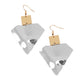 warped silver triangular plate swings from the bottom of a flat gold square frame, creating an abstract lure. Earring attaches to a standard fishhook fitting.  Sold as one pair of earrings.