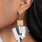 warped silver triangular plate swings from the bottom of a flat gold square frame, creating an abstract lure. Earring attaches to a standard fishhook fitting.  Sold as one pair of earrings.